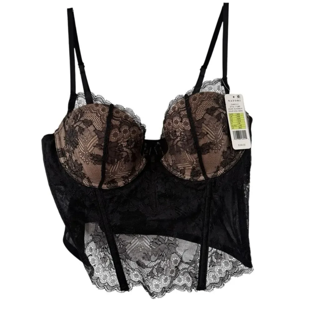 NWT Natori 36B Chantilly Lace Black Buff Longline Bustier Mesh Lingerie